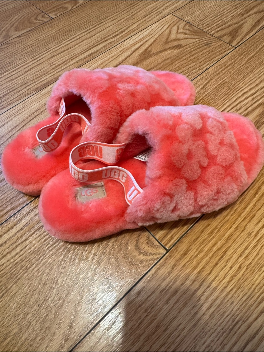 UGG Coral Pink Plush Shearling Slide with Branded Heel Strap